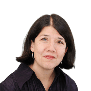 Lisa Philp, a woman with chin-length dark hair, looks at the camera