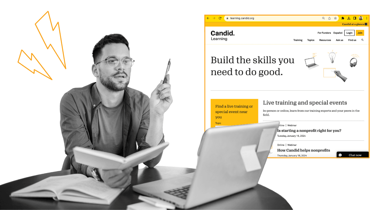 A man in glasses in front of a laptop, with a Candid webpage ("Build the skills you need to do good") on the right.