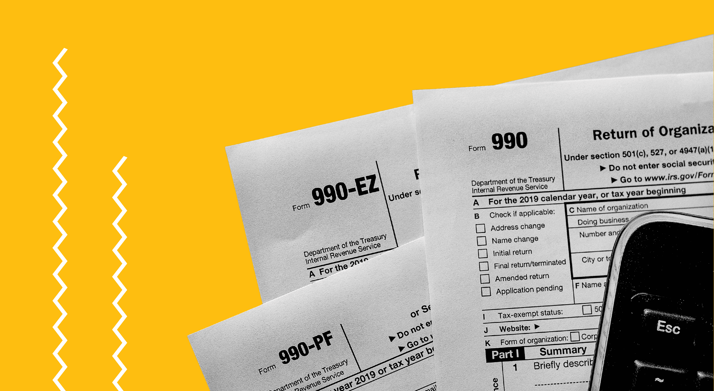 Forms 990, 990-EZ, 990-PF and a cell phone against a Candid gold background.