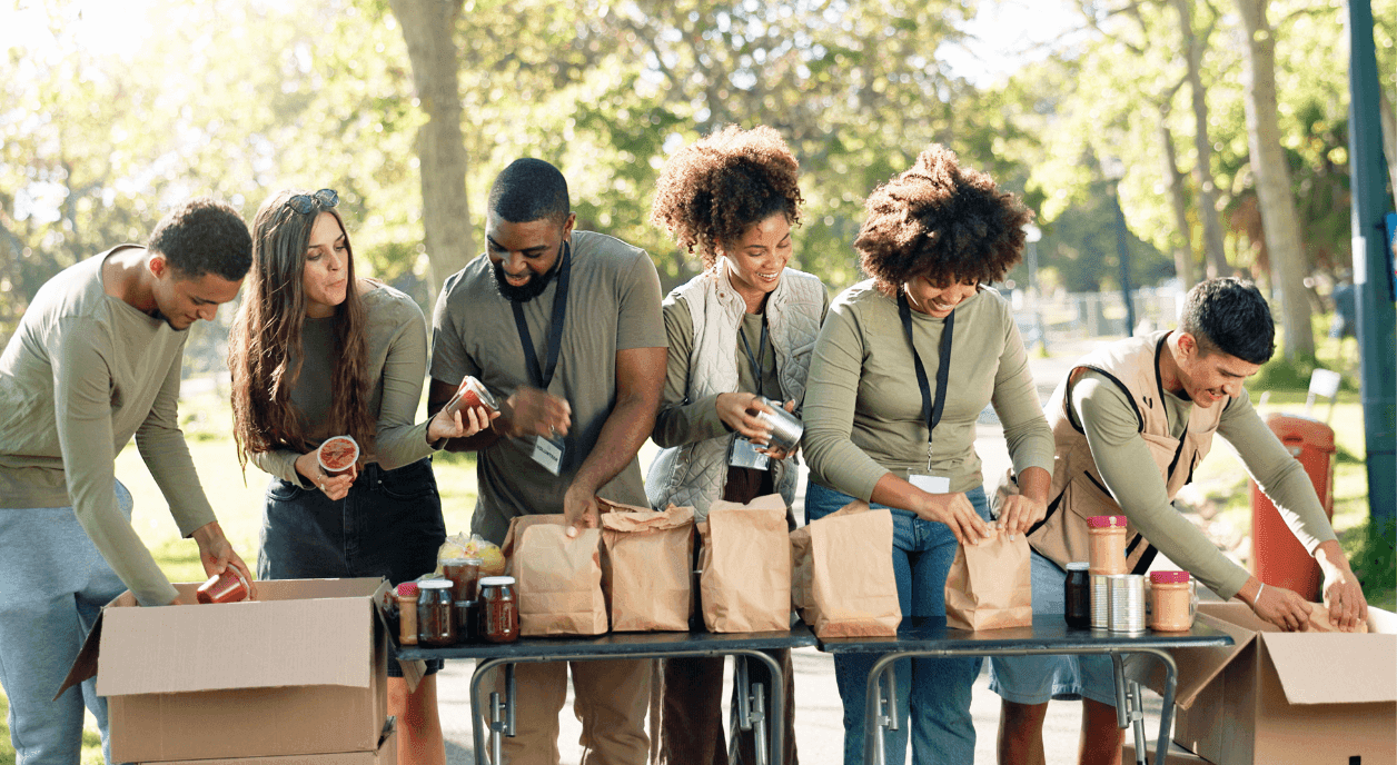 Nonprofit volunteers giving out donations.
