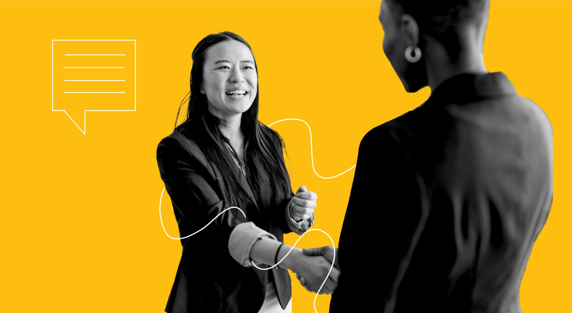 A nonprofit worker shaking hands with a funder.
