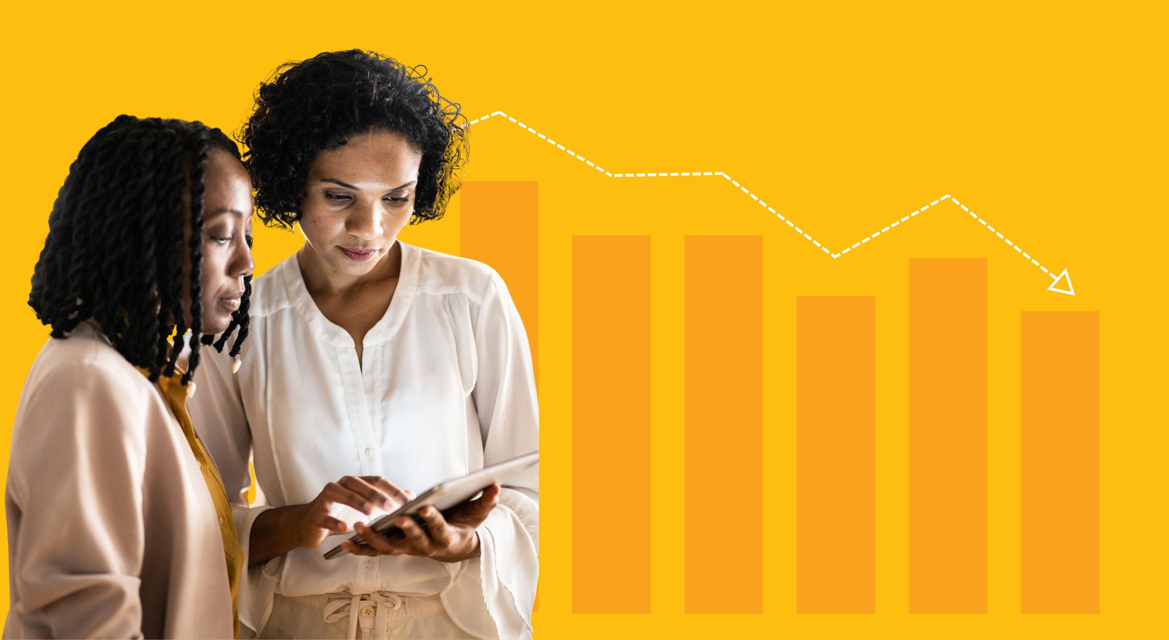 Against a Candid gold background with a bar chart, two women of color looking at a tablet.