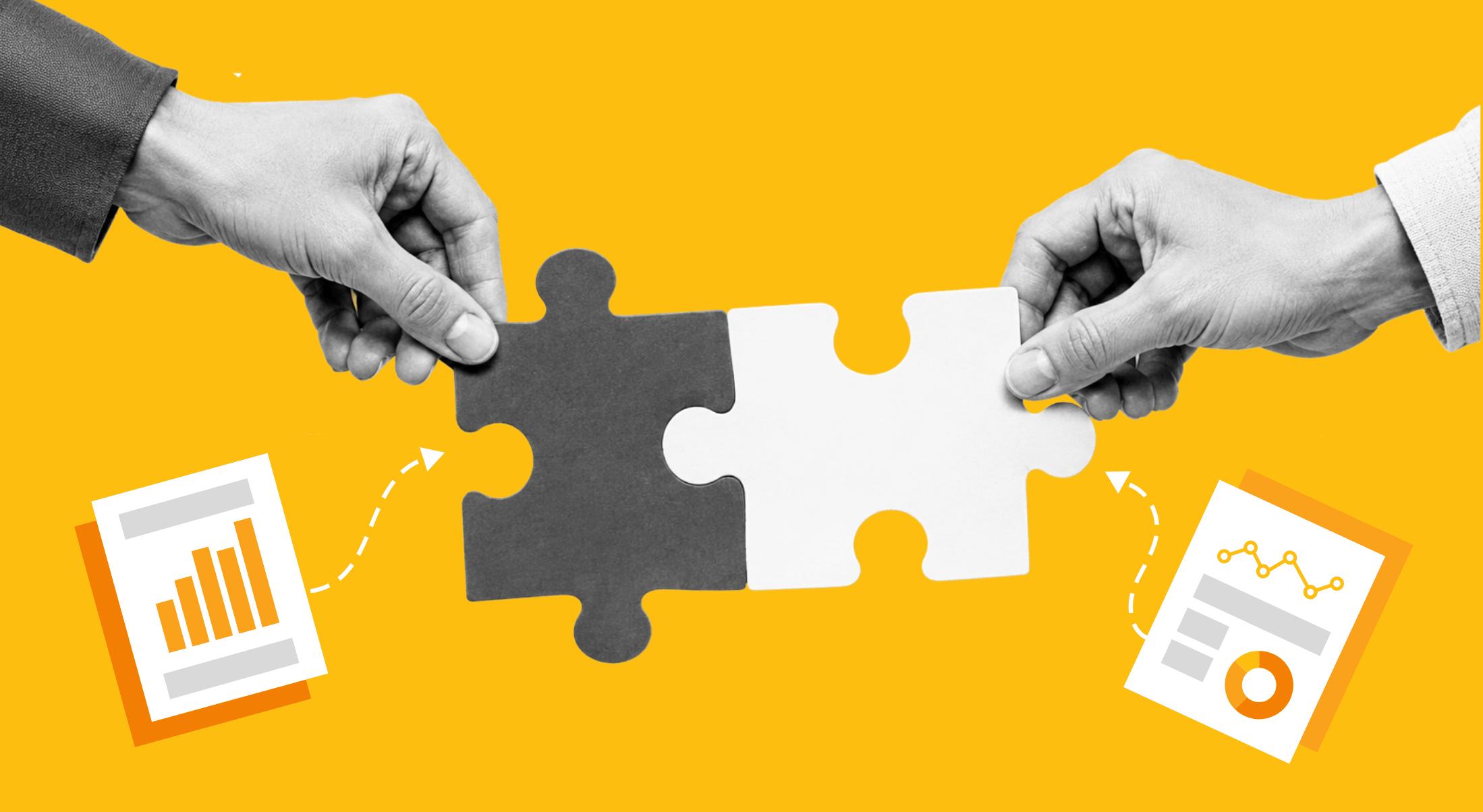 Illustration against Candid gold background of two hands fitting puzzle pieces together, with report icons below.