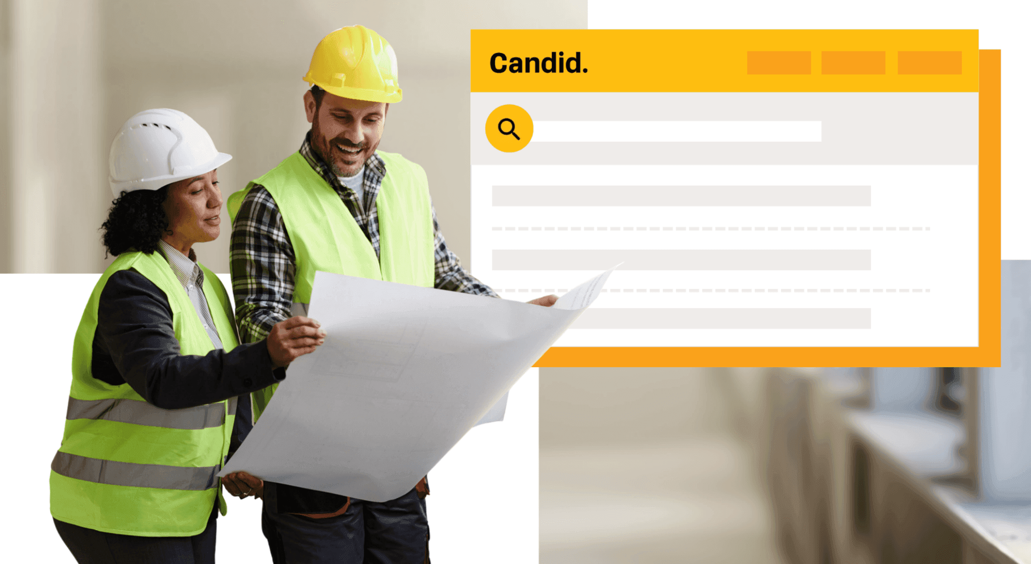 Construction workers looking at blueprint against a Candid search screen background.