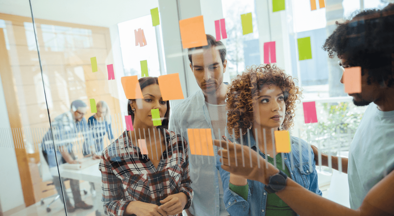 Four staff from a foundation look at reporting data.