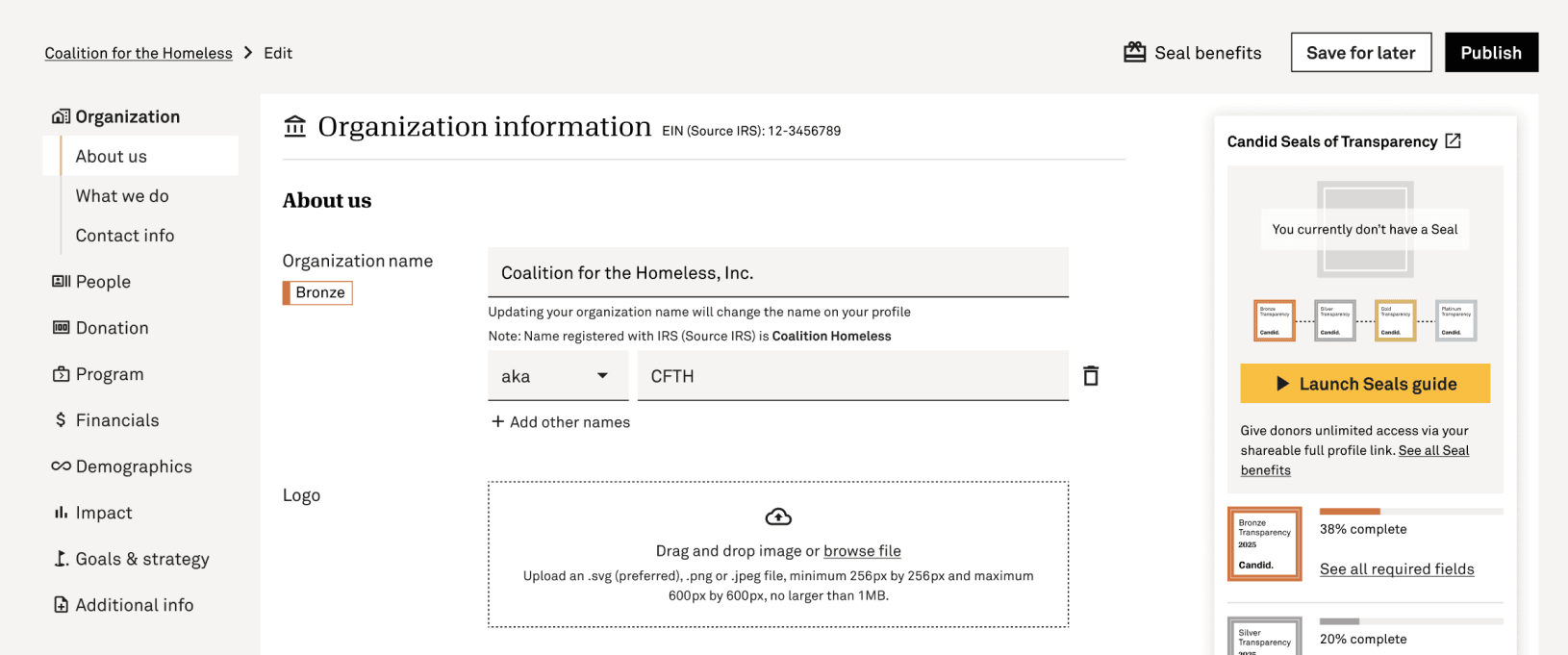 Screenshot of editing Candid profile with organization name filled out