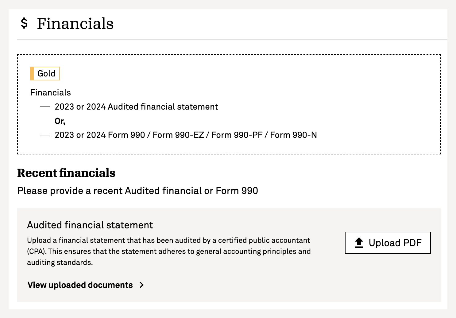screenshot of financials section of profile editor
