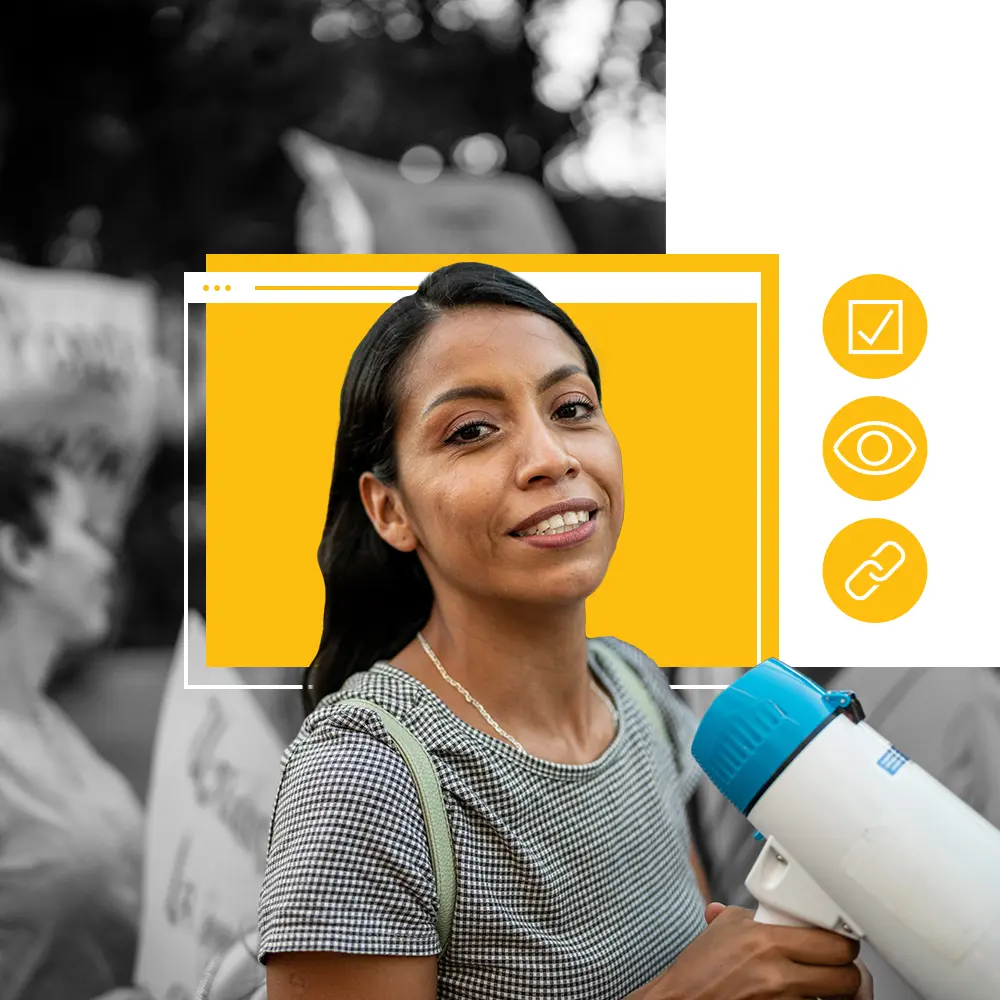 Women with loud speaker doing nonprofit work.